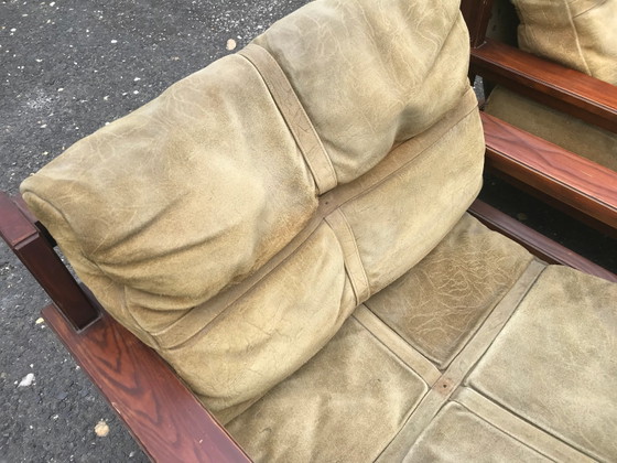 Mid Century Wood & Leather Armchairs With Pouf, Set of 4 – Mid Century Modern (photo 8 of 10)
