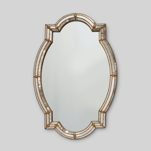 Large 20th century Venetian style trapezoidal brass and mosaic mirror