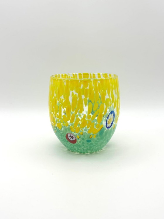 Image 1 of Set van 6 Venetiaanse glazen van geblazen glas met Murano-effect (murrine) in het glas verwerkt, handgemaakt in Italië.