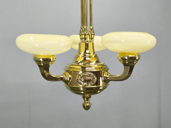 Image 1 of Neoclassical Art Deco Brass Chandelier, Czechoslovakia, 1930s