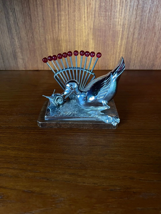 Original Benjamin Rabier Art Deco Chrome on Wood Plaque Cocktail / Punch Pick Set from the 1930s. (photo 2 of 10)