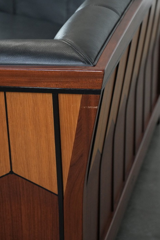 Image 1 of Art Deco Schuitema black leather 2.5-seater designer sofa from the Decoforma series with beautiful woodwork