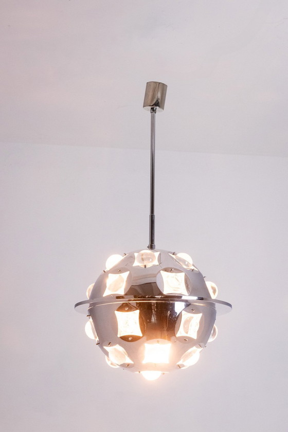 Image 1 of Oscar Torlasco. Satellite" chandelier in chromed metal. Circa 1970.