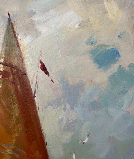 Image 1 of Peinture à l'huile originale représentant un paysage marin côtier. Bateau solitaire dans les vagues.