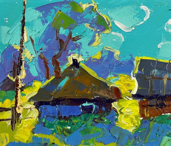 Image 1 of Original Oil Painting Summer Houses Landscape Moonlit night in the village