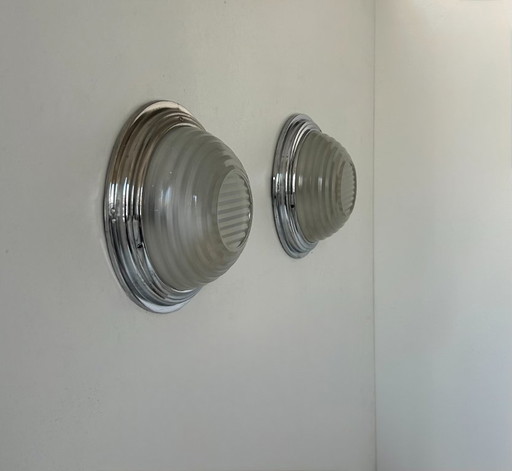 Pair of vintage wall lights, chrome and pressed sandblasted glass, France 1930