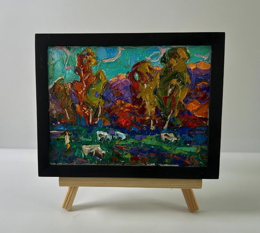 Original Oil Painting Autumn Nature Landscape Evening Forest – schilderijen tekeningen, Canvas