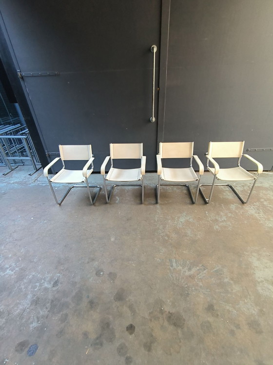 Mart Stam Bauhaus style chrome white leather Italian chairs, Dining chairs, Metal, Creme (photo 3 of 14)