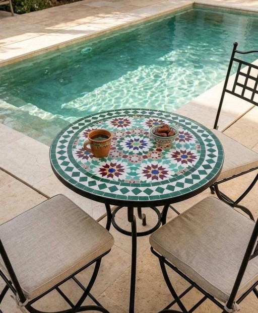 Handmade Moroccan Mosaic Table – Colorful Zellige Tile Patio Table with Iron Chairs Set