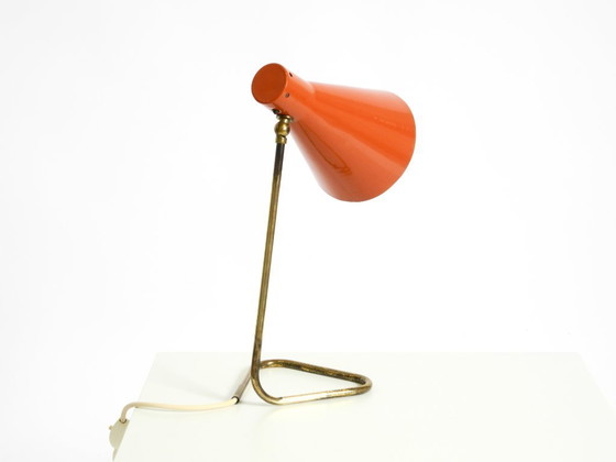 Image 1 of Beautiful, Large Mid-Century Modern Brass Table Lamp with a Brick-Red Shade