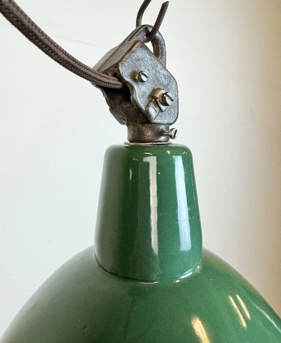 Image 1 of Industrial Green Enamel Factory Lamp with Cast Iron Top, 1960s