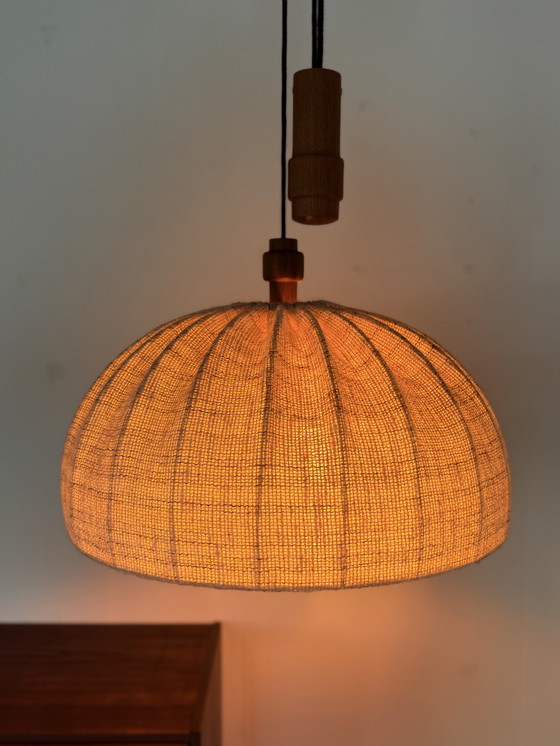 Image 1 of Vintage XL teak & wool pendant lamp, Domus '70