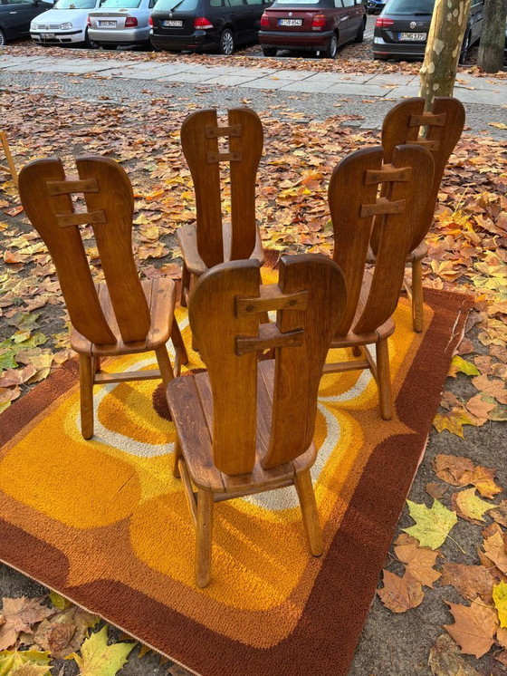 Image 1 of 5 brutalistische stoelen, massief eikenhout, De Puydt, vintage jaren 60