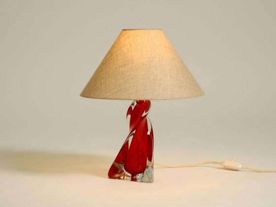 Image 1 of Beautiful heavy mid-century modern table lamp made of solid crystal glass in red and transparent