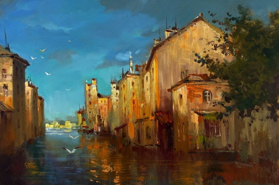 Image 1 of Original Oil Painting Evening River Landscape City on the water
