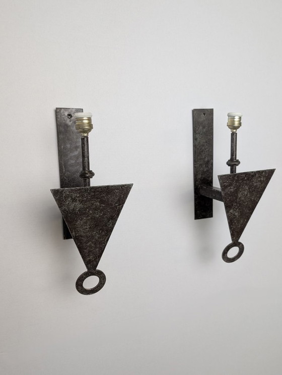 Image 1 of Par de Apliques de Pared Brutalistas de Metal Geométricos, anni '70