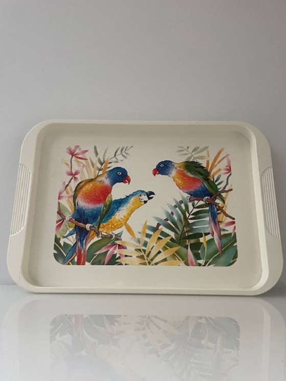 Vintage Emsa dienblad met papegaaien 50 cm, Tafelaccessoires, Kunststof, Meerdere kleuren (foto 10 van 13)