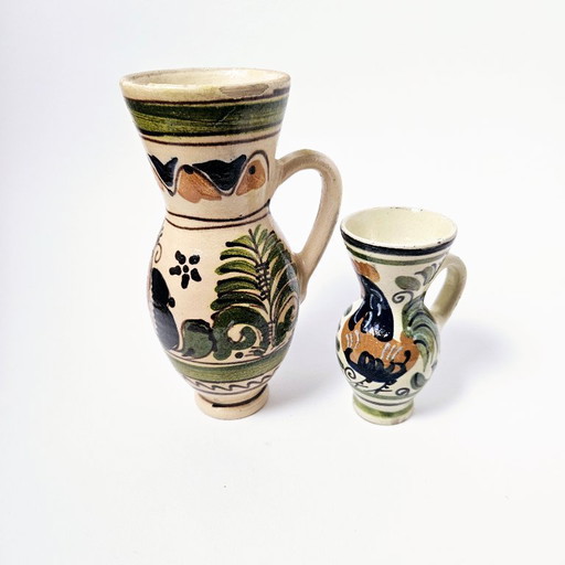 Transylvania Floral Ceramic Jugs Pitchers Vases |2 Pcs Set Vintage Traditional HandPainted Hungarian Folk Art Pottery | Korond 