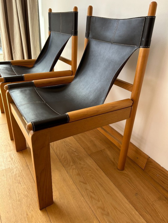 Image 1 of Set of 2 Vintage Safari Chairs - Dark Brown Leather & Oak