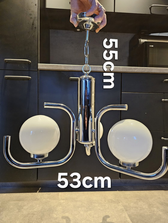 Image 1 of Lampada a sospensione vintage in stile spaziale cromata con sfere/paralumi in vetro