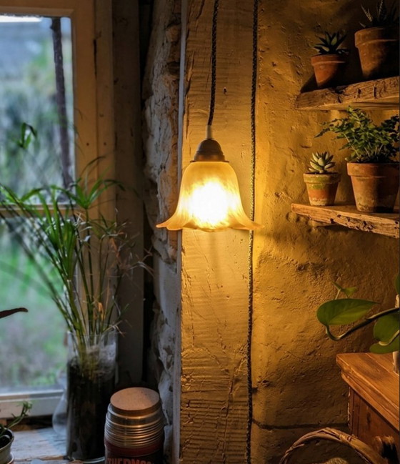 Image 1 of Tafellamp - "Tulip" Vintage - Matglas & Textielsnoer