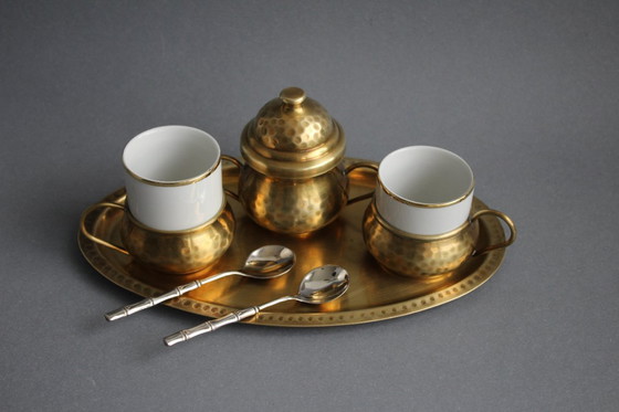 Image 1 of Juego de café expreso Ottone Battuto A Mano para 2 personas, de porcelana, con soportes de latón, firmado.