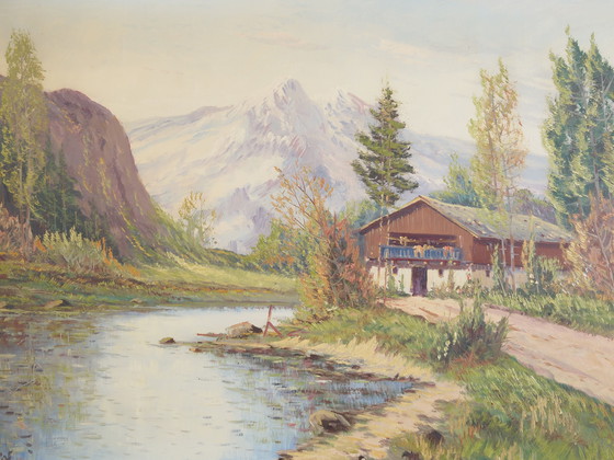 Image 1 of Peinture "Le chalet au bord d'un ruisseau", design scandinave, années 1970
