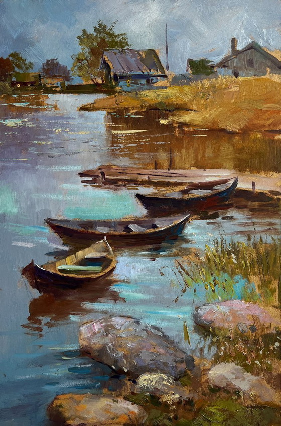 Image 1 of Origineel olieverfschilderij: Herfstlandschap van een dorp. Er is een jachthaven in het dorp.
