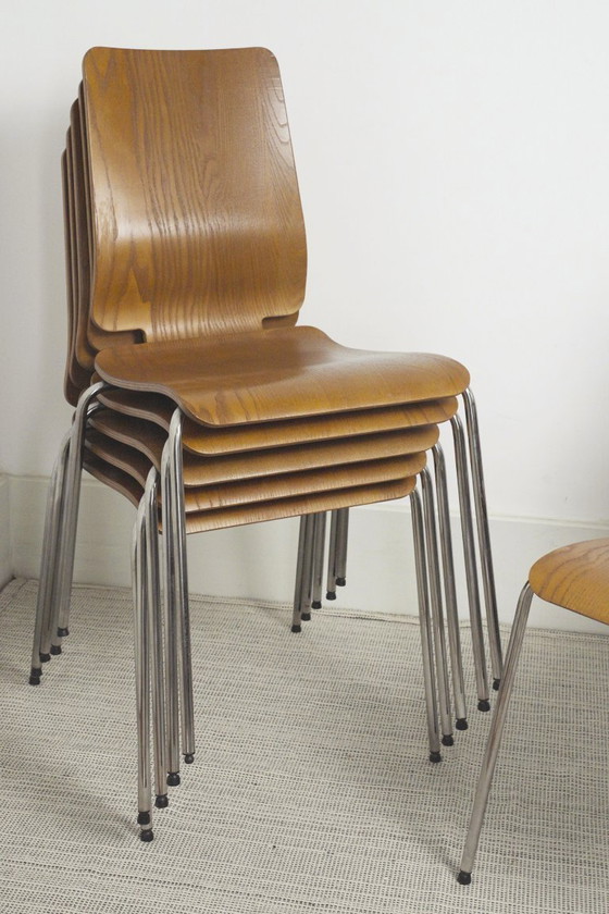 Image 1 of Chaises IKEA Gilbert en teck vintage, ensemble de 6 chaises de salle à manger empilables en contreplaqué de teck, style scandina