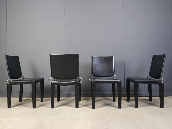 Image 1 of Zwart leren eetkamerstoelen van Arper italy, jaren 1980 - set van 4