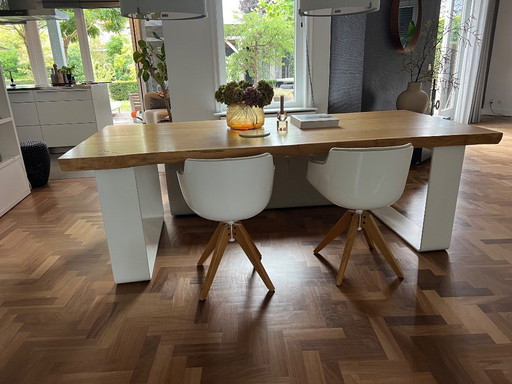 Oak wood dining table with metal base white