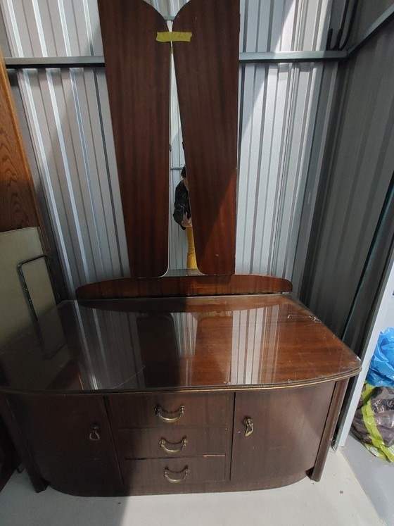 Coiffeuse années 60 avec miroir triptyque, Bois, Verre, Marron, 1960 (photo 4 sur 7)