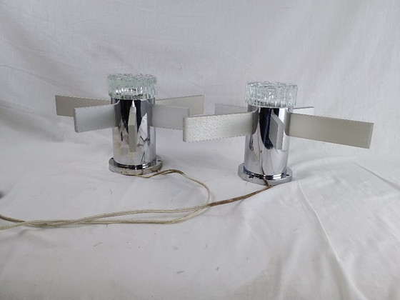 Image 1 of Pair Mid Century Italian Chrome & Glass Wall Sconces 1960s Space Age Sciolari