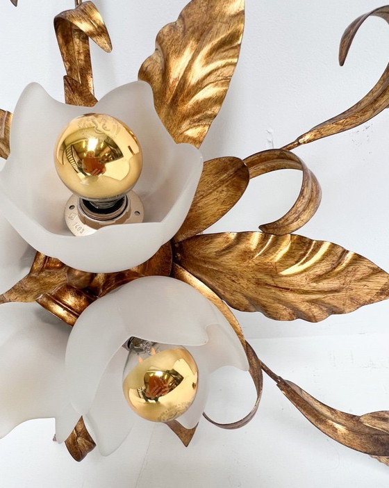 Image 1 of Vergulde XL plafondlamp of wandlamp uit Italië, 1970's