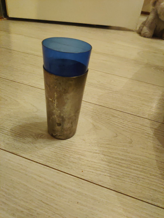 Image 1 of Silver plated sleeve with blue glass long drink glass