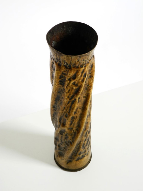 Image 1 of Unique large brass vase in a Brutalist design, handcrafted in December 1975