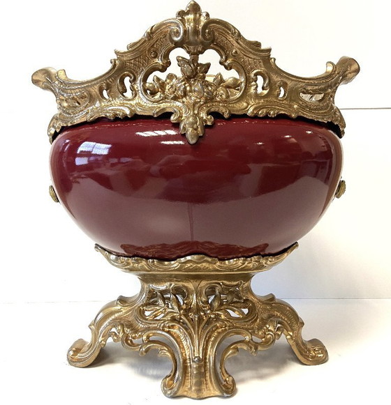 Image 1 of Antieke Napoleon III faience vergulde metalen plantenbak/tafelstuk