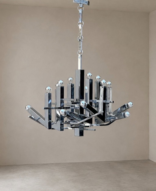 Impressive Sculptural 16-Light Chrome Chandelier — Gaetano Sciolari — Italy, 1970s – hanglampen, Metal