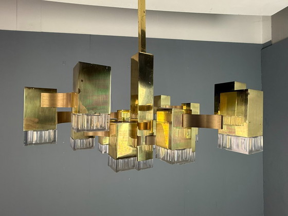 Image 1 of Lustre cubique Sciolari en laiton, édition rare, 17 lumières, Italie des années 1970