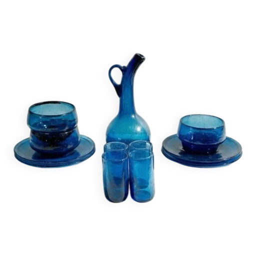 Glasservies set van kobaltblauw geblazen glas – karaf + 4 glazen + 3 schalen + 4 schotels