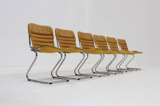 Image 1 of Set of 6 vintage chrome and leather dining chairs, 1970s, Italy