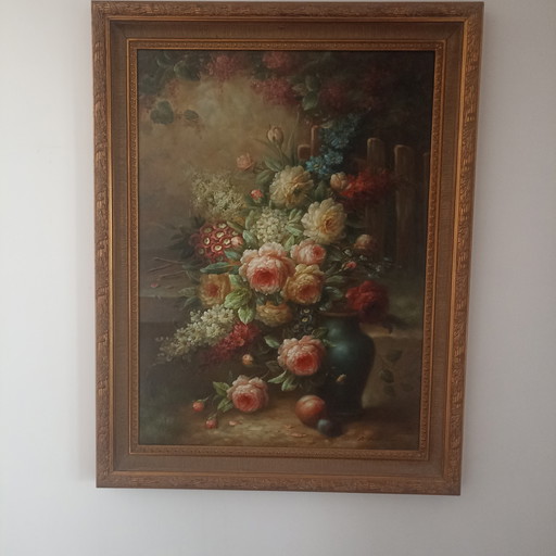 Impressive Floral Still Life "A. Jordin" – 120 cm high – Includes Luxury Frame