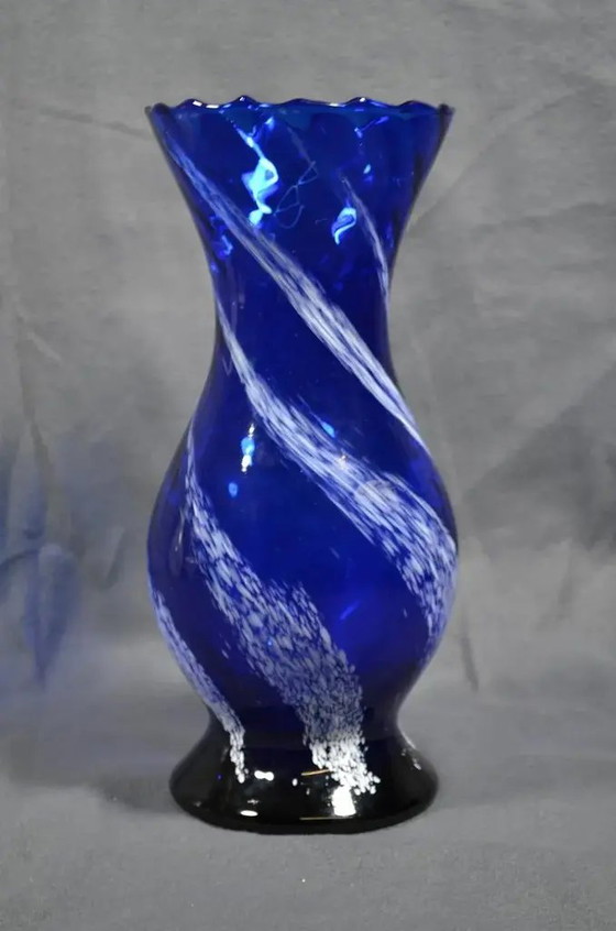1970s Murano Blue Glass Baluster Vase With Iattimo Decoration, Signed – Murano Glass (photo 7 of 10)
