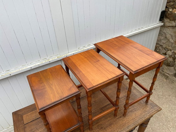 Image 1 of Set of 3 rustic cherry wood nesting coffee tables 1950