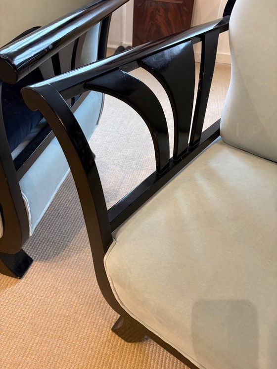 Image 1 of Elegante Wohnzimmergarnitur im Art-Deco-Stil – Sofa und zwei Sessel – dunkel lackiertes Holz – ca. 1925–1935