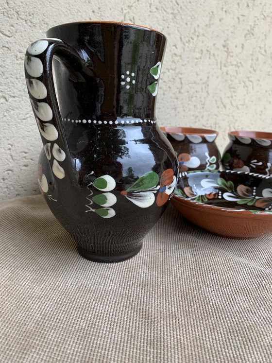 Vintage Hungarian Folk Glazed Ceramic Set by Sarospatak, Set of 5, Crockery, Brown (photo 3 of 7)