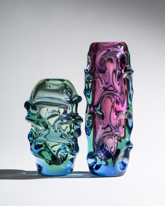 Image 1 of Zeldzaam sculpturaal Tsjechisch glas "Propeller" vaasduo Jan Beránek & Jan Kotík