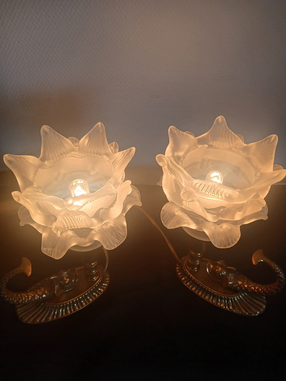 Image 1 of Pair of tulip-shaped dolphin lamps.