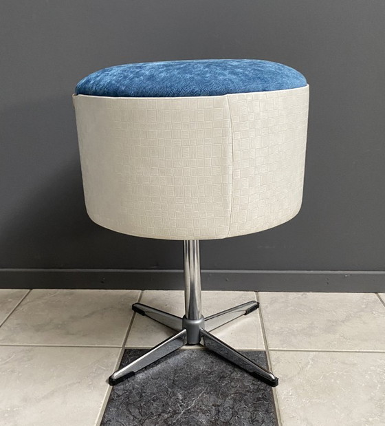 Image 1 of Sewing box on chroom foot, white skai and blue gabric 1960s