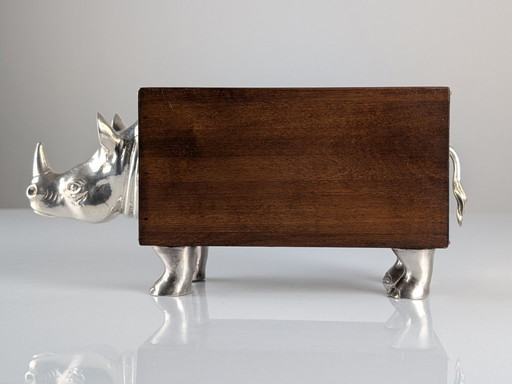 Portabotellas Almazán Rhino, estilo moderno de mediados de siglo, madera y alpaca, década de 1960